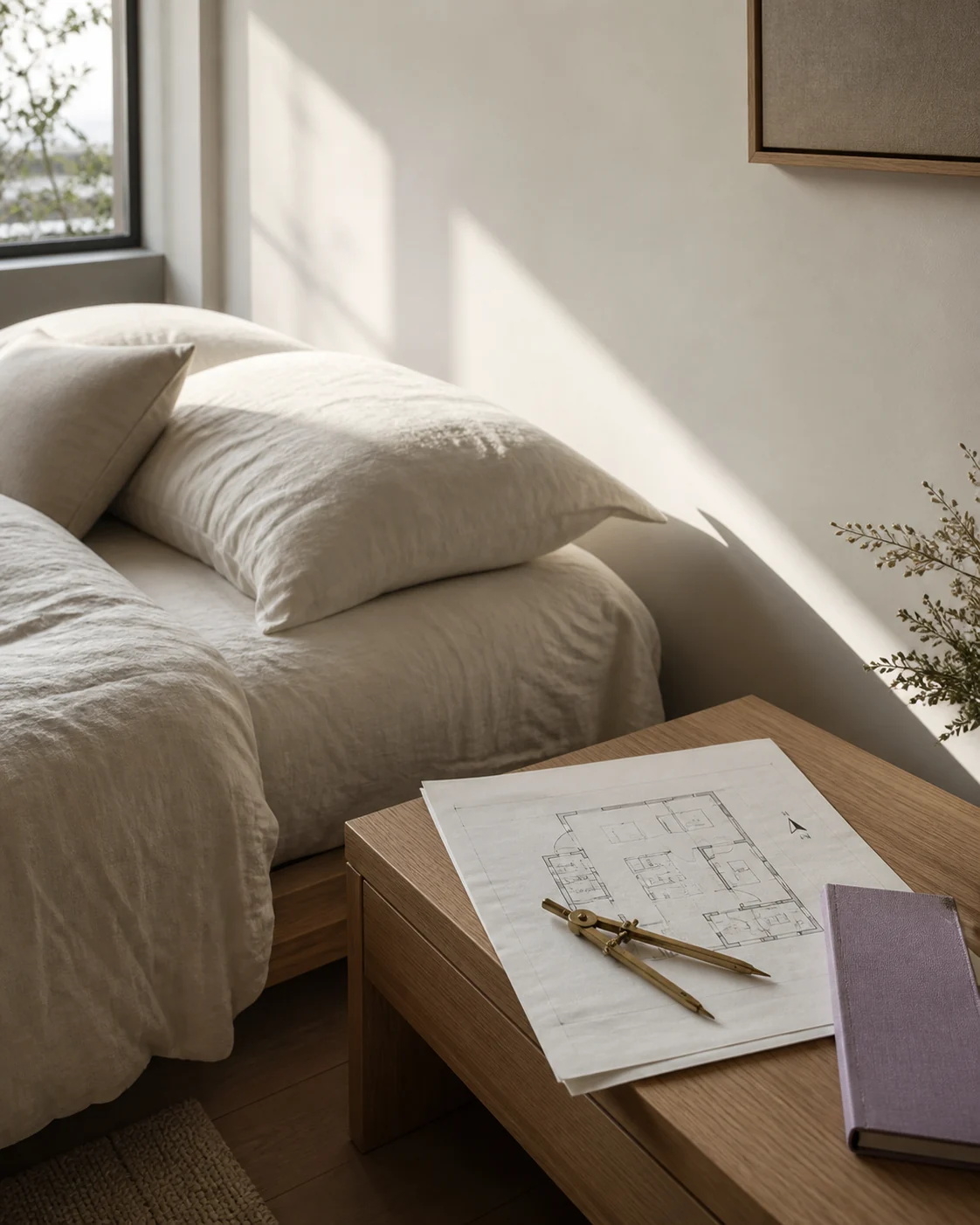 A calm bedroom beside a floor plan and a brass drafting compass